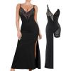 imagePopilush Lace Cocktail Dresses for Women  Deep V Neck Shapewear Satin high Slit Bodycon Maxi Dress  Party Date NightBlack
