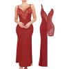 imagePopilush Lace Cocktail Dresses for Women  Deep V Neck Shapewear Satin high Slit Bodycon Maxi Dress  Party Date NightRed