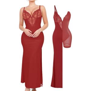 imagePopilush Lace Cocktail Dresses for Women  Deep V Neck Shapewear Satin high Slit Bodycon Maxi Dress  Party Date NightRed