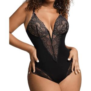 imagePopilush Lace Shapewear Bodysuit Tummy Control Corset Tops V Neck Sleeveless Backless Body Suit ThongsBlack