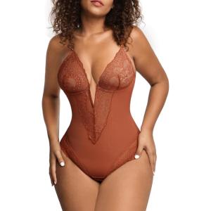 imagePopilush Lace Shapewear Bodysuit Tummy Control Corset Tops V Neck Sleeveless Backless Body Suit ThongsBrown