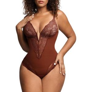 imagePopilush Lace Shapewear Bodysuit Tummy Control Corset Tops V Neck Sleeveless Backless Body Suit ThongsDark Brown