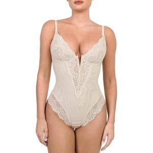 imagePopilush Lace Shapewear Bodysuit Tummy Control Corset Tops V Neck Sleeveless Backless Body Suit ThongsLight Skin