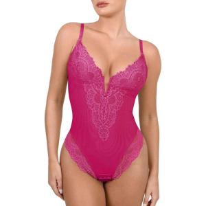 imagePopilush Lace Shapewear Bodysuit Tummy Control Corset Tops V Neck Sleeveless Backless Body Suit ThongsPink