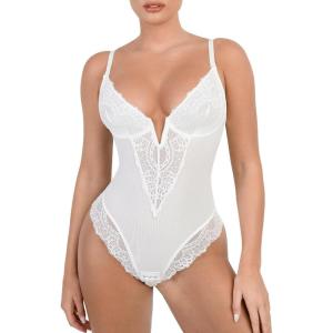 imagePopilush Lace Shapewear Bodysuit Tummy Control Corset Tops V Neck Sleeveless Backless Body Suit ThongsWhite