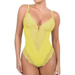 imagePopilush Lace Shapewear Bodysuit Tummy Control Corset Tops V Neck Sleeveless Backless Body Suit ThongsYellow