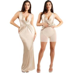 imagePopilush Shapewear Dress Ruched Bodycon  Deep V Neck Maxi Formal Dresses Built in Shapewear Sleeveless Long DressChampagne