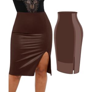 imagePopilush Shapewear Faux Leather Skirts with Built in Shapewear Tummy Control High Waist Midi Skirt with Shaper for WomenChocolate Brown