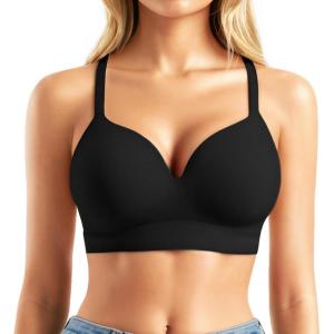 imagePopilush Bras for Women No Underwire Supportive Push Up Bralettes Wireless Full Coverage Plus Size TShirt BraBlack