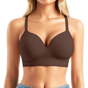 imagePopilush Bras for Women No Underwire Supportive Push Up Bralettes Wireless Full Coverage Plus Size TShirt BraDark Brown