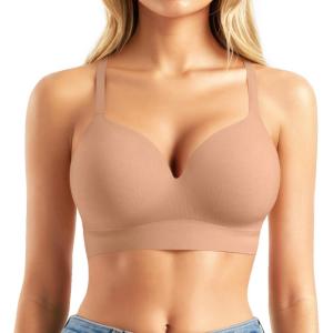 imagePopilush Bras for Women No Underwire Supportive Push Up Bralettes Wireless Full Coverage Plus Size TShirt BraDark Skin