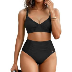 imagePopilush High Waisted Bikini Sets for Women Tummy Control Shapewear Swimsuit Ruched Push Up Two Piece Bathing SuitBlack
