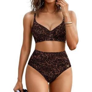 imagePopilush High Waisted Bikini Sets for Women Tummy Control Shapewear Swimsuit Ruched Push Up Two Piece Bathing SuitLeopard Print