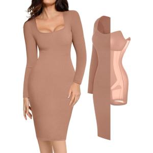 imagePopilush Long Sleeve Midi Dress Bodycon Party Dress Shapewear Tummy Control Cocktail Dresses Builtin BraBrown Midi Dress