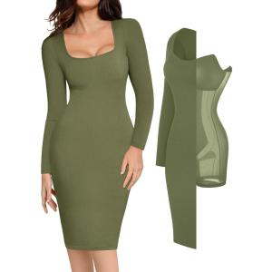 imagePopilush Long Sleeve Midi Dress Bodycon Party Dress Shapewear Tummy Control Cocktail Dresses Builtin BraGreen Midi Dress