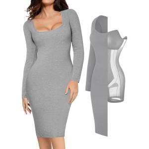 imagePopilush Long Sleeve Midi Dress Bodycon Party Dress Shapewear Tummy Control Cocktail Dresses Builtin BraGrey Midi Dress