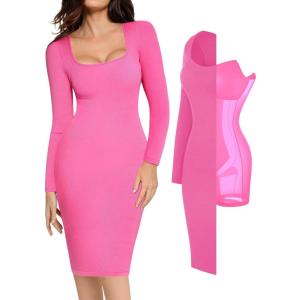 imagePopilush Long Sleeve Midi Dress Bodycon Party Dress Shapewear Tummy Control Cocktail Dresses Builtin BraPink Midi Dress
