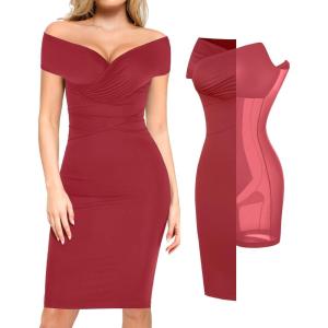 imagePopilush Off Shoulder Midi Dresses for Women Shapewear Tummy Control Wrap V Neck Formal Cocktail Wedding Guest DressWine Red