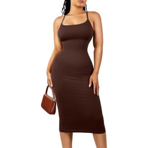 imagePopilush Spaghetti Strap Dresses for Women  Bodycon Slip Midi Dress with Built in Bra Square Neck Slip Date Night OutfitBrown