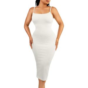 imagePopilush Spaghetti Strap Dresses for Women  Bodycon Slip Midi Dress with Built in Bra Square Neck Slip Date Night OutfitWhite