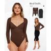 imagePopilush Long Sleeve Body suits for Women Thong Shapewear Bodysuit Tummy Control V Neck Shirt Going Out TopsBrown