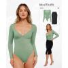 imagePopilush Long Sleeve Body suits for Women Thong Shapewear Bodysuit Tummy Control V Neck Shirt Going Out TopsGreen