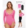imagePopilush Long Sleeve Body suits for Women Thong Shapewear Bodysuit Tummy Control V Neck Shirt Going Out TopsPink