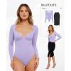 imagePopilush Long Sleeve Body suits for Women Thong Shapewear Bodysuit Tummy Control V Neck Shirt Going Out TopsPurple