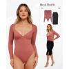 imagePopilush Long Sleeve Body suits for Women Thong Shapewear Bodysuit Tummy Control V Neck Shirt Going Out TopsRed