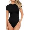imagePopilush Bodysuits for Women Short Sleeve Round Neck Casual Basic T Shirt Thong Bodysuit TopsBlack