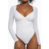 imagePopilush Long Sleeve Body suits for Women Thong Shapewear Bodysuit Tummy Control V Neck Shirt Going Out TopsArctic White