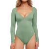 imagePopilush Long Sleeve Body suits for Women Thong Shapewear Bodysuit Tummy Control V Neck Shirt Going Out TopsGreen