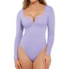 imagePopilush Long Sleeve Bodysuits for Women Tummy Control Shapewear Henley Going Out Shirts Button Down Thong Tank TopsLilac