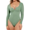 imagePopilush Long Sleeve Bodysuits for Women Tummy Control Shapewear Henley Going Out Shirts Button Down Thong Tank TopsSeafoam Green