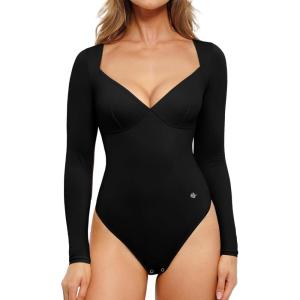 imagePopilush Long Sleeve Body suits for Women Thong Shapewear Bodysuit Tummy Control V Neck Shirt Going Out TopsBlack