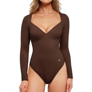 imagePopilush Long Sleeve Body suits for Women Thong Shapewear Bodysuit Tummy Control V Neck Shirt Going Out TopsBrown
