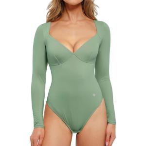 imagePopilush Long Sleeve Body suits for Women Thong Shapewear Bodysuit Tummy Control V Neck Shirt Going Out TopsGreen