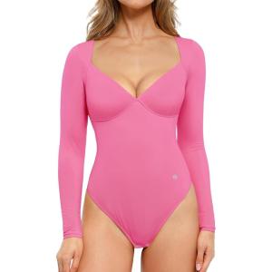 imagePopilush Long Sleeve Body suits for Women Thong Shapewear Bodysuit Tummy Control V Neck Shirt Going Out TopsPink