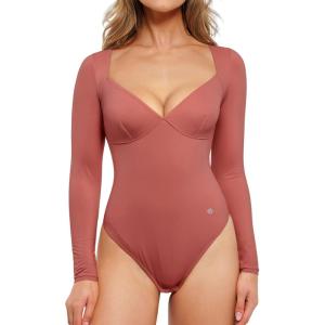 imagePopilush Long Sleeve Body suits for Women Thong Shapewear Bodysuit Tummy Control V Neck Shirt Going Out TopsRed