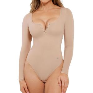 imagePopilush Long Sleeve Bodysuits for Women Tummy Control Shapewear Henley Going Out Shirts Button Down Thong Tank TopsBeige