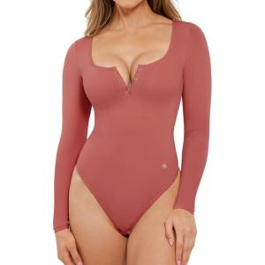 imagePopilush Long Sleeve Bodysuits for Women Tummy Control Shapewear Henley Going Out Shirts Button Down Thong Tank TopsTangerine Red