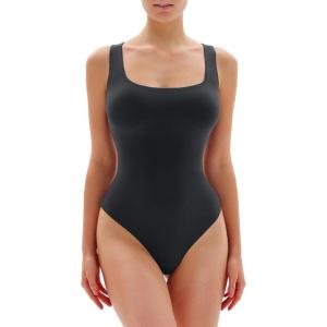 imagePopilush Square Neck Bodysuits for Women Basic Slim Fit Seamless Body Suits Sleeveless Tank TopsBlack