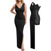 imagePopilush Formal Dresses for Women  Shapewear Cowl Neck Maxi Ruched Bodycon Gowns with Slit  Prom Dress Wedding GuestBlack