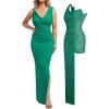 imagePopilush Formal Dresses for Women  Shapewear Cowl Neck Maxi Ruched Bodycon Gowns with Slit  Prom Dress Wedding GuestGreen