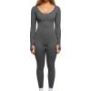 imagePopilush Long Sleeve Jumpsuit for Women Builtin Bra Ribbed U Neck Tummy Control Full Length Bodycon Workout Fall OutfitsLight Gray
