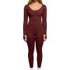 imagePopilush Long Sleeve Jumpsuit for Women Builtin Bra Ribbed U Neck Tummy Control Full Length Bodycon Workout Fall OutfitsRed