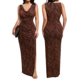 imagePopilush Formal Dresses for Women  Shapewear Cowl Neck Maxi Ruched Bodycon Gowns with Slit  Prom Dress Wedding GuestLeopard Print