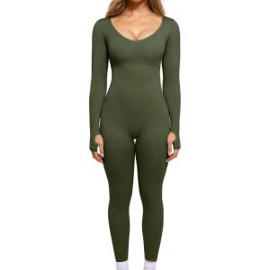 imagePopilush Long Sleeve Jumpsuit for Women Builtin Bra Ribbed U Neck Tummy Control Full Length Bodycon Workout Fall OutfitsGreen