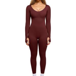 imagePopilush Long Sleeve Jumpsuit for Women Builtin Bra Ribbed U Neck Tummy Control Full Length Bodycon Workout Fall OutfitsRed