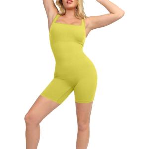 imagePopilush Shapewear Jumpsuits for Women Builtin Bra Square Neck Rompers Shorts Bodycon Bodysuits Summer OutfitsYellow